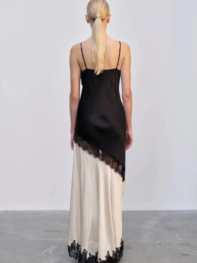 Sling V-Neck Colorblock Backless Long Lace Dress - View 3