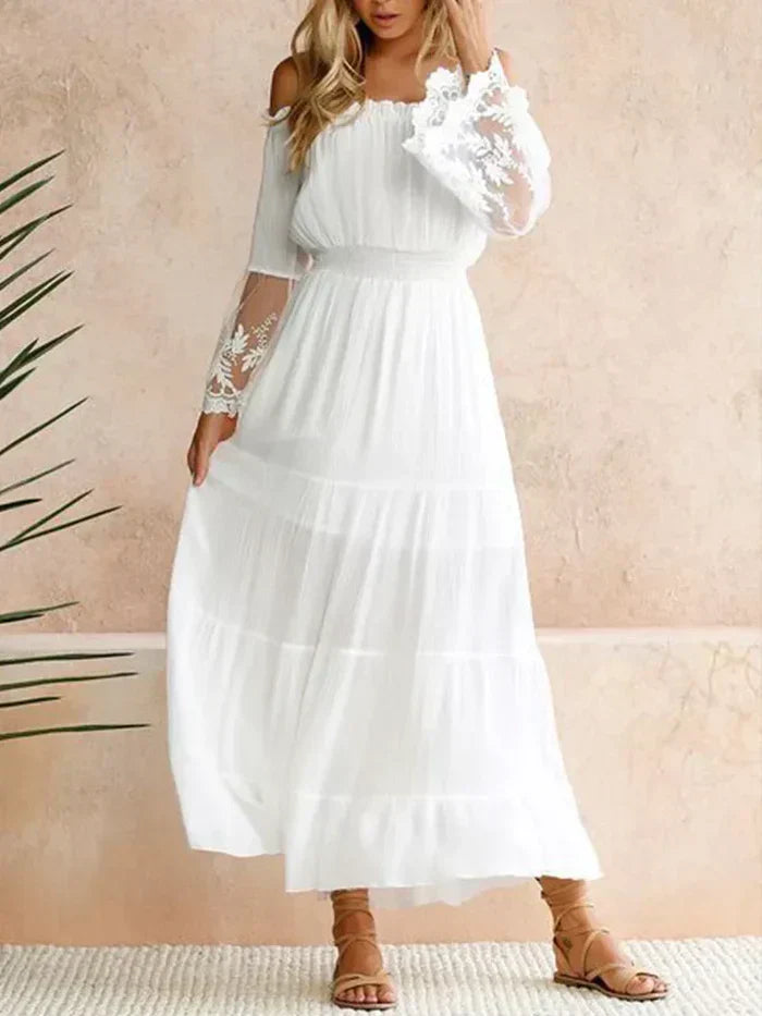 Off Shoulder Lace Bell Sleeve Smocked Tiered Chiffon Maxi Dress