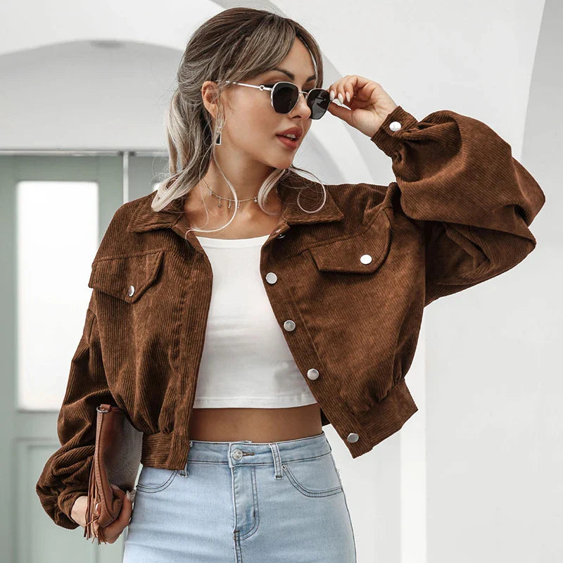 Cropped Corduroy Lantern Sleeve Jacket - Fashionpara