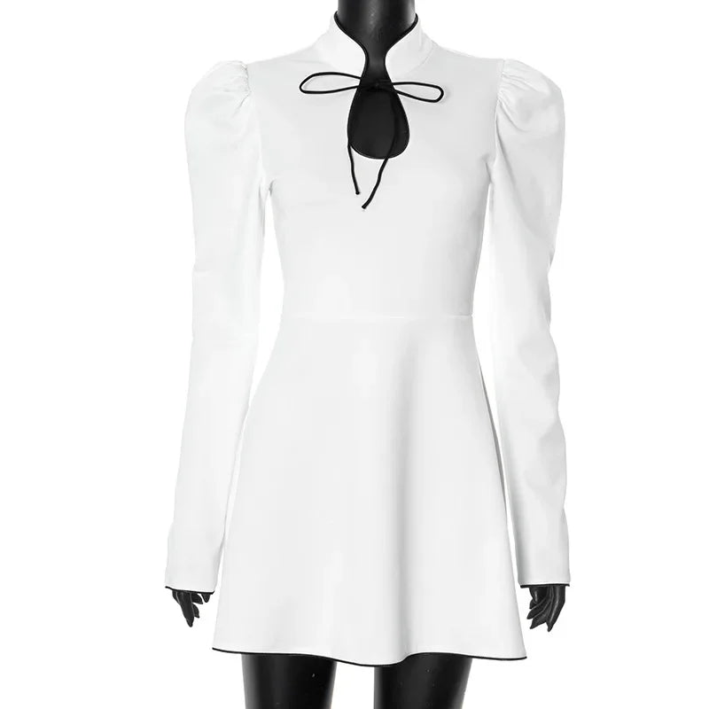 Stand Collar Keyhole Cut Out Puff Sleeve A-Line Mini Dress - View 2