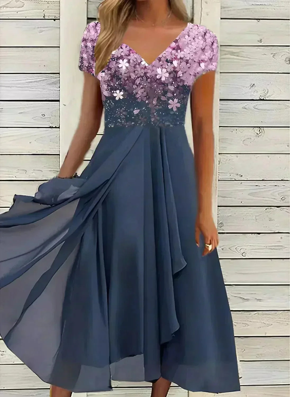 V-Neck Cap Sleeve Tiered Chiffon Handkerchief Hem Maxi Dress - View 4