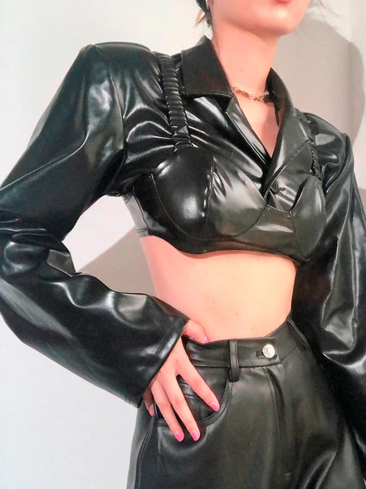 Black Slim PU 2Piece Tank Jacket - Fashionpara