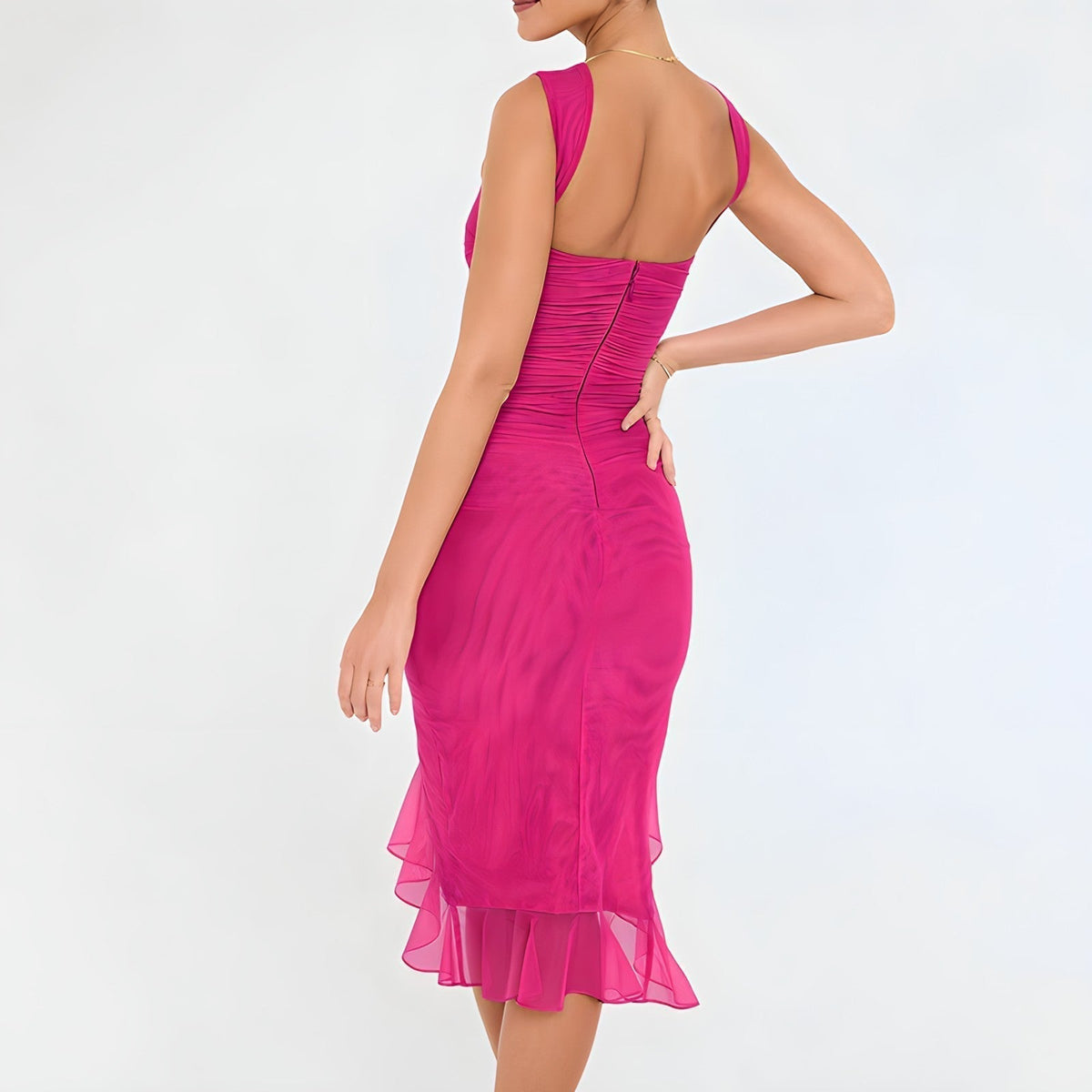 Ruched Crew Neck Sleeveless High Low Ruffle Hem Midi Dress - View 10