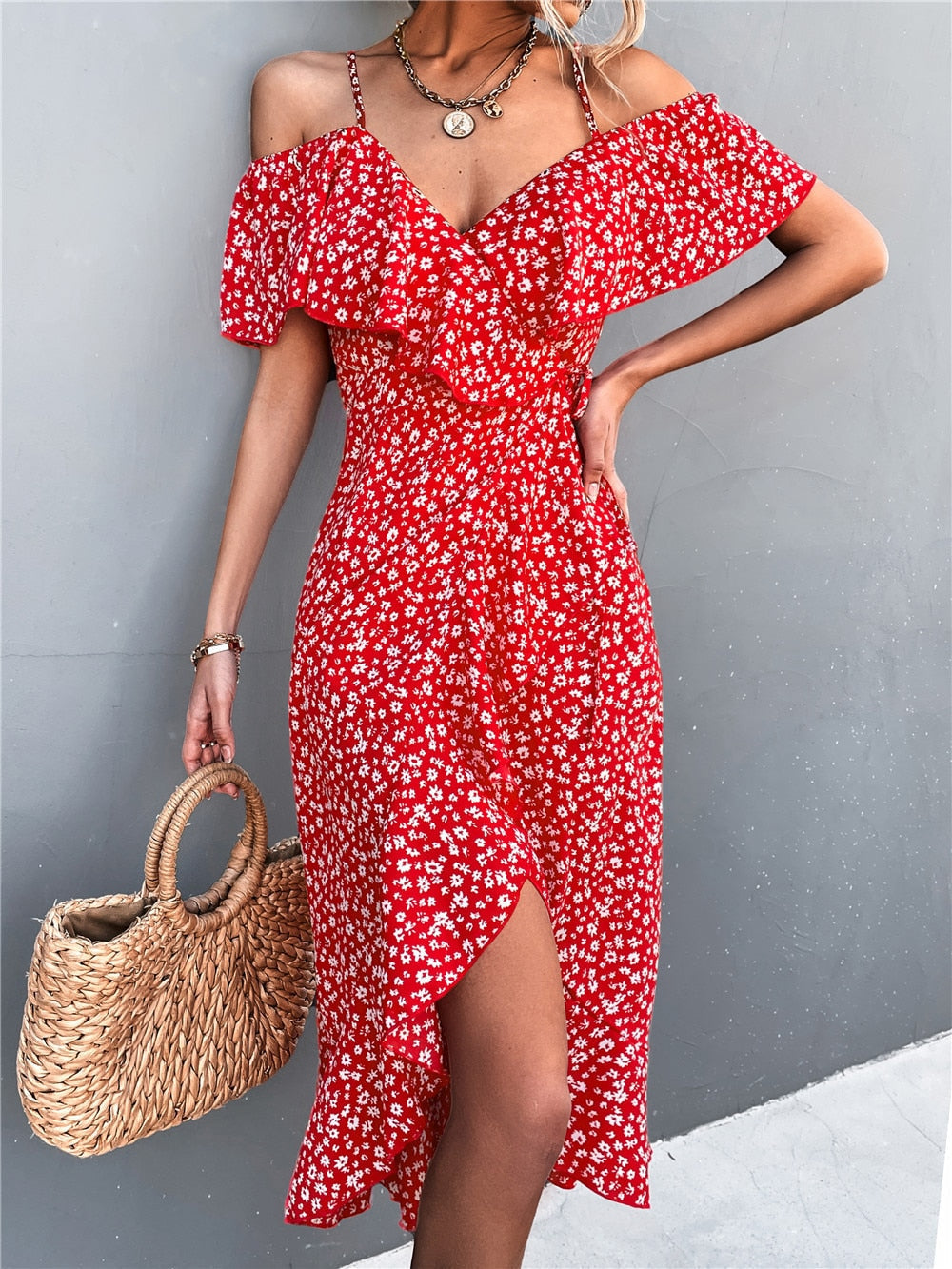 Cold Shoulder Ruffle Trim Wrap Tie Waist High Split Midi Dress - View 5
