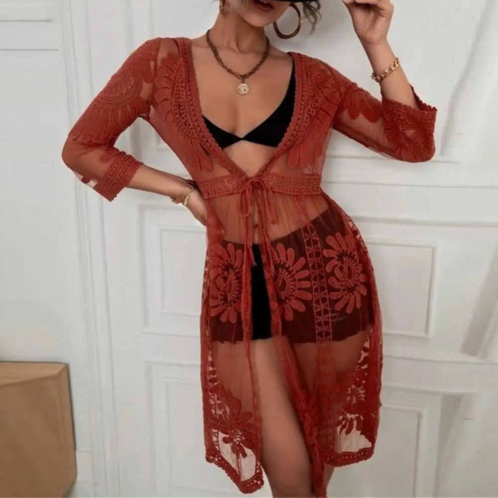 Sleeve Lace-up Embroidery Bikini Cover Up