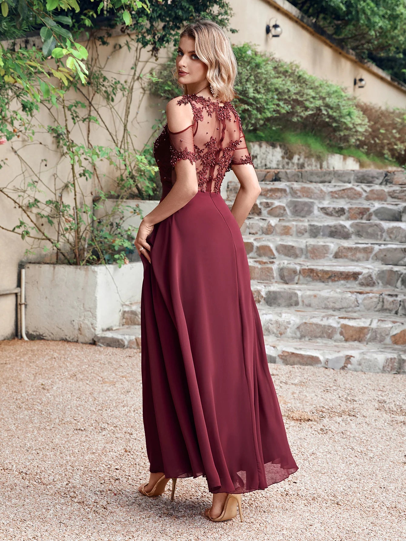 Burgundy A-Line Evening Dress with Illusion Lace Detail - Fashionpara