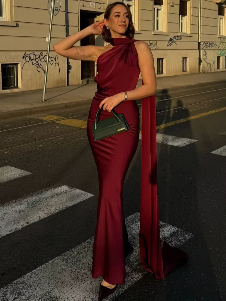 Satin Scarf Collar Halter Maxi Dress