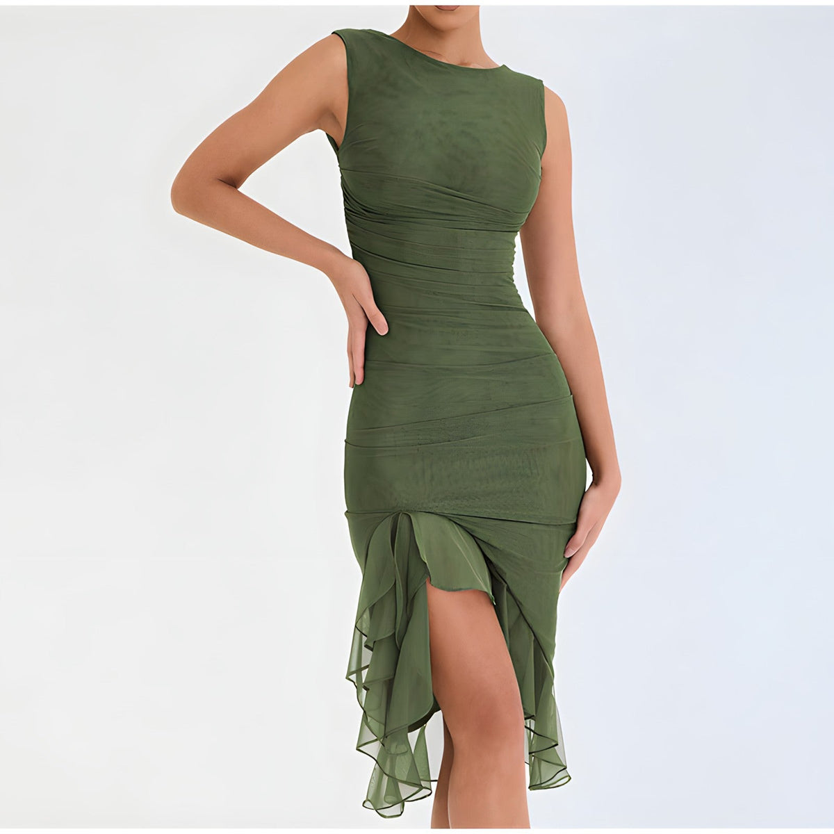 Ruched Crew Neck Sleeveless High Low Ruffle Hem Midi Dress - View 4