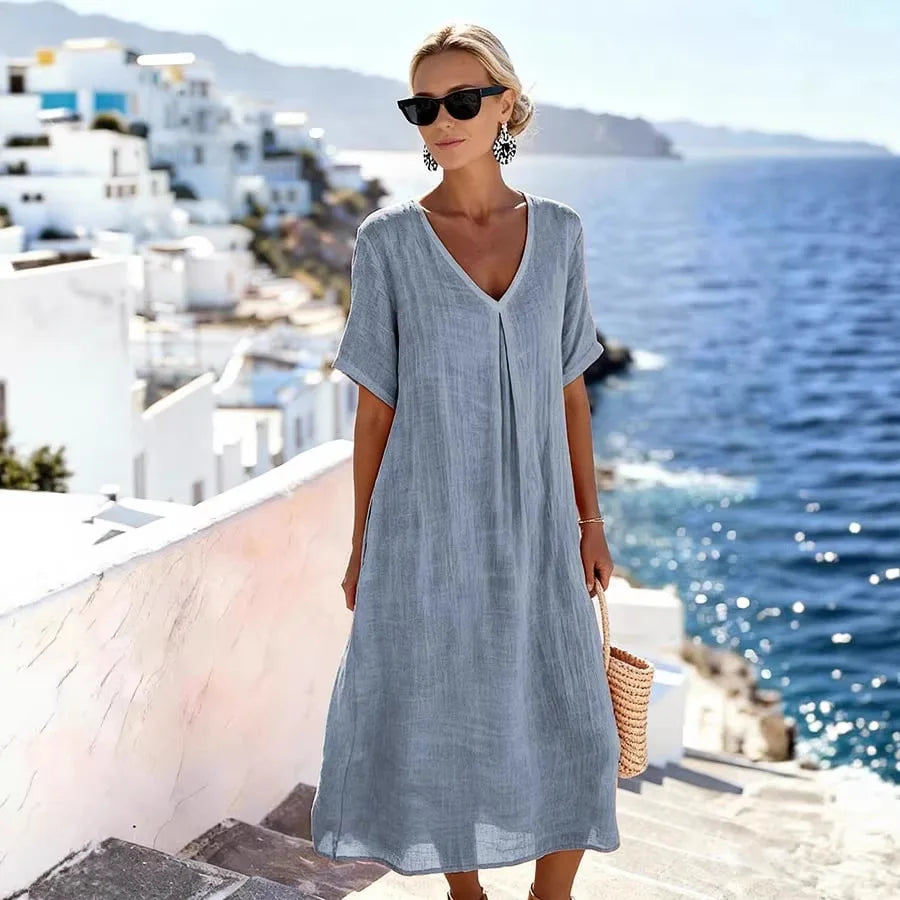 V-Neck Short Sleeve Linen Look Midi Dress 3