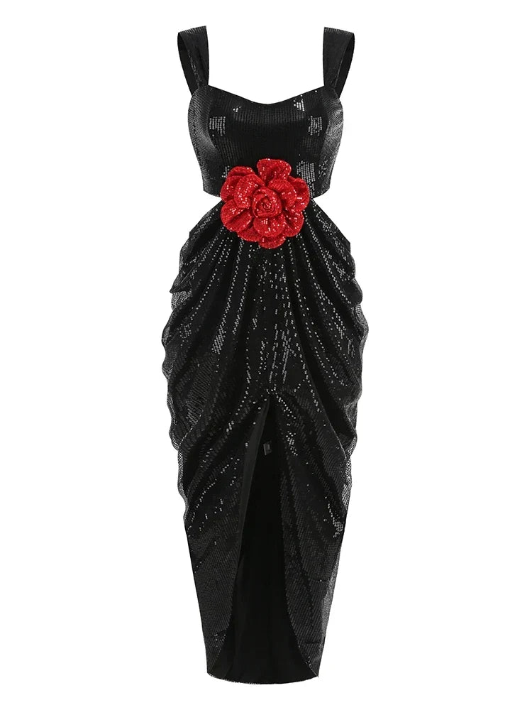 Sequin Square Neck Cut Out Ruched High Split Midi Dress - View 10