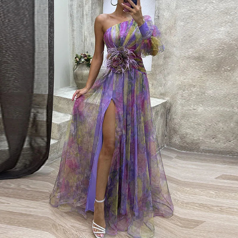 Floral One Shoulder Cut Out High Split Maxi Gown 4