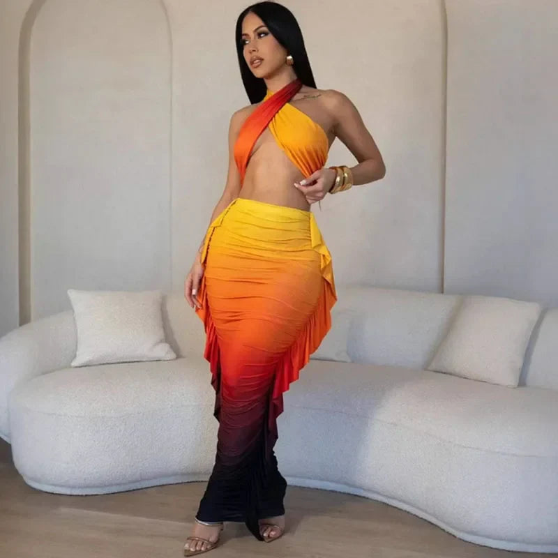 Gradient Halter Crop Top Ruffles Three Piece Swim Sets - Fashionpara