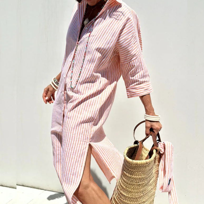 Collared Button Front Long Sleeve Striped Shirt Dress 2