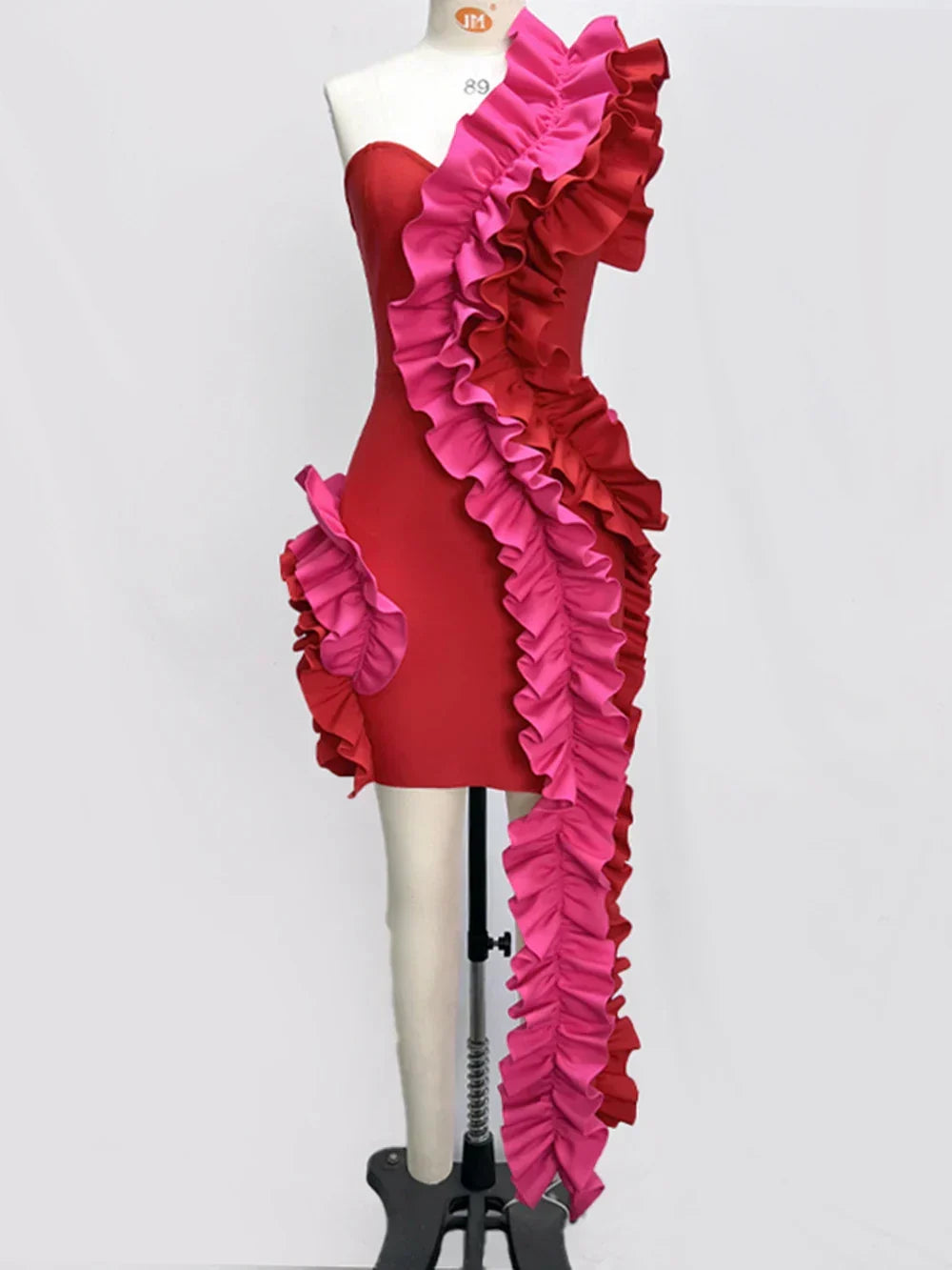 Solid Ruffles One Shoulder Strips Prom Mini Dress - View 5
