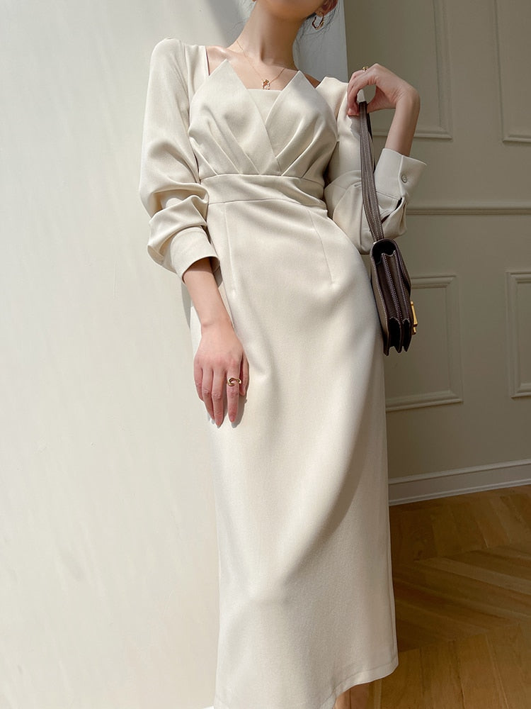 Satin Square Neck Long Sleeve Wrap Midi Dress - View 13
