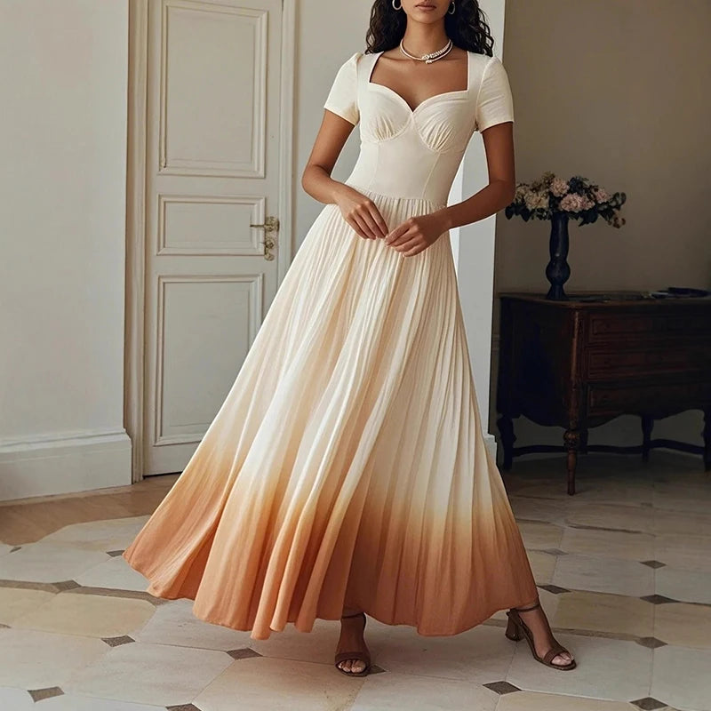 Elegant Gradient Print Maxi Dress with Deep V-neck Design