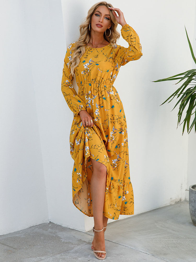 Floral Long Sleeve Round Neck Tiered Midi Dress 4
