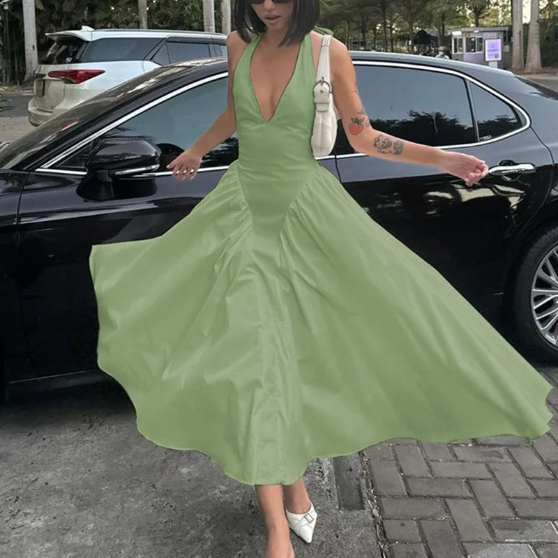 Backless Deep V Spliced Long Midi Dress