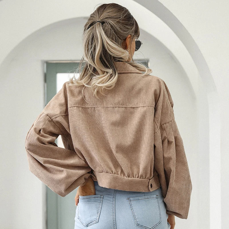 Cropped Corduroy Lantern Sleeve Jacket - Fashionpara