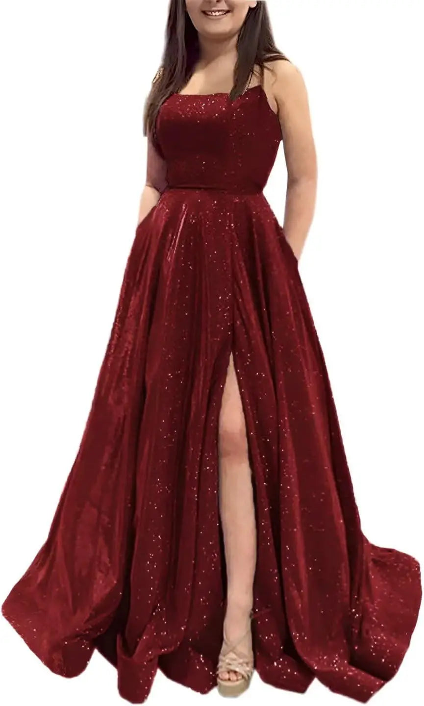 Elegant A-Line Formal Evening Gown with Pockets and Glitter - Fashionpara