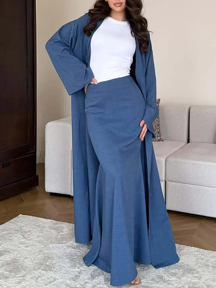 Elegant Women's V-neck Robe Coat and Skirt Set in Cotton Linen