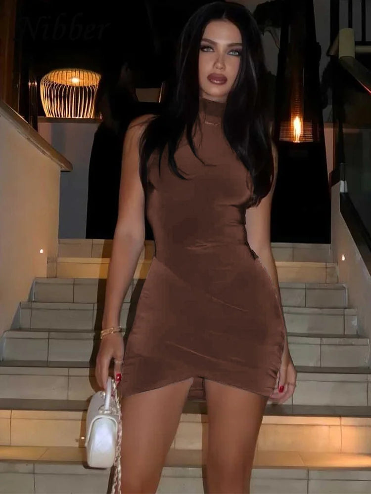 Ruched Sleeveless Mock Neck Wrap Hem Mini Party Dress