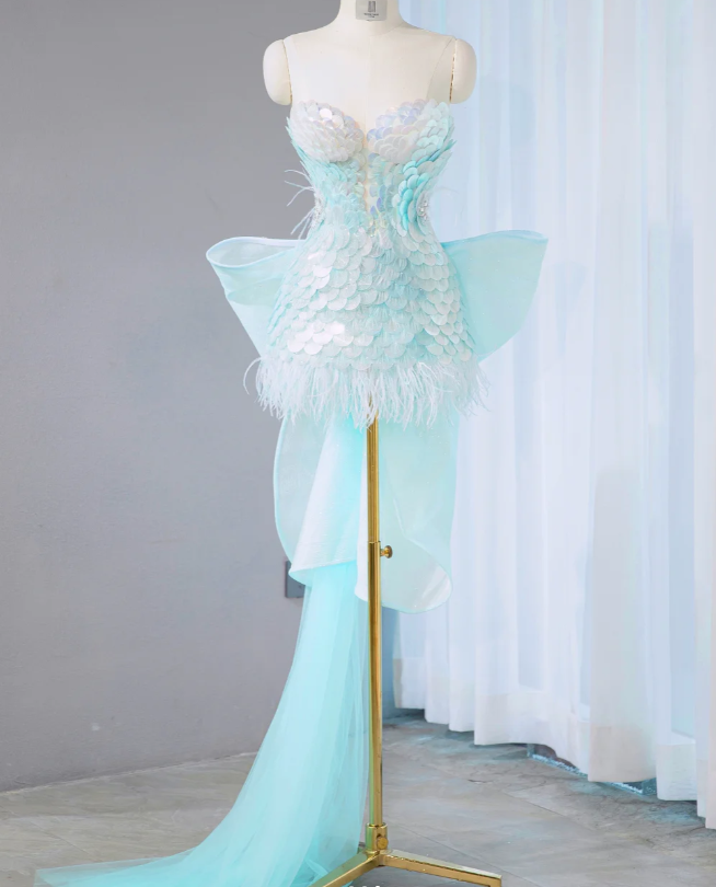 Charming Baby Blue Sequin Short Party Dress Birthday Dress With Bow S309