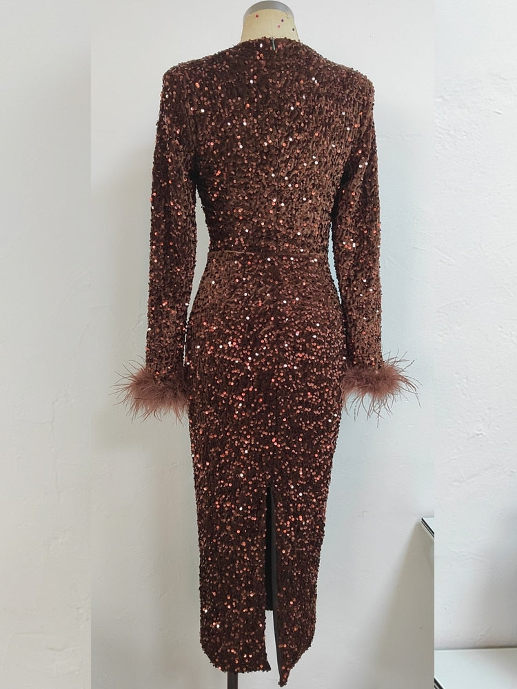 Sequin Round Neck Long Sleeve Feather-Cuff Bodycon Dress 20