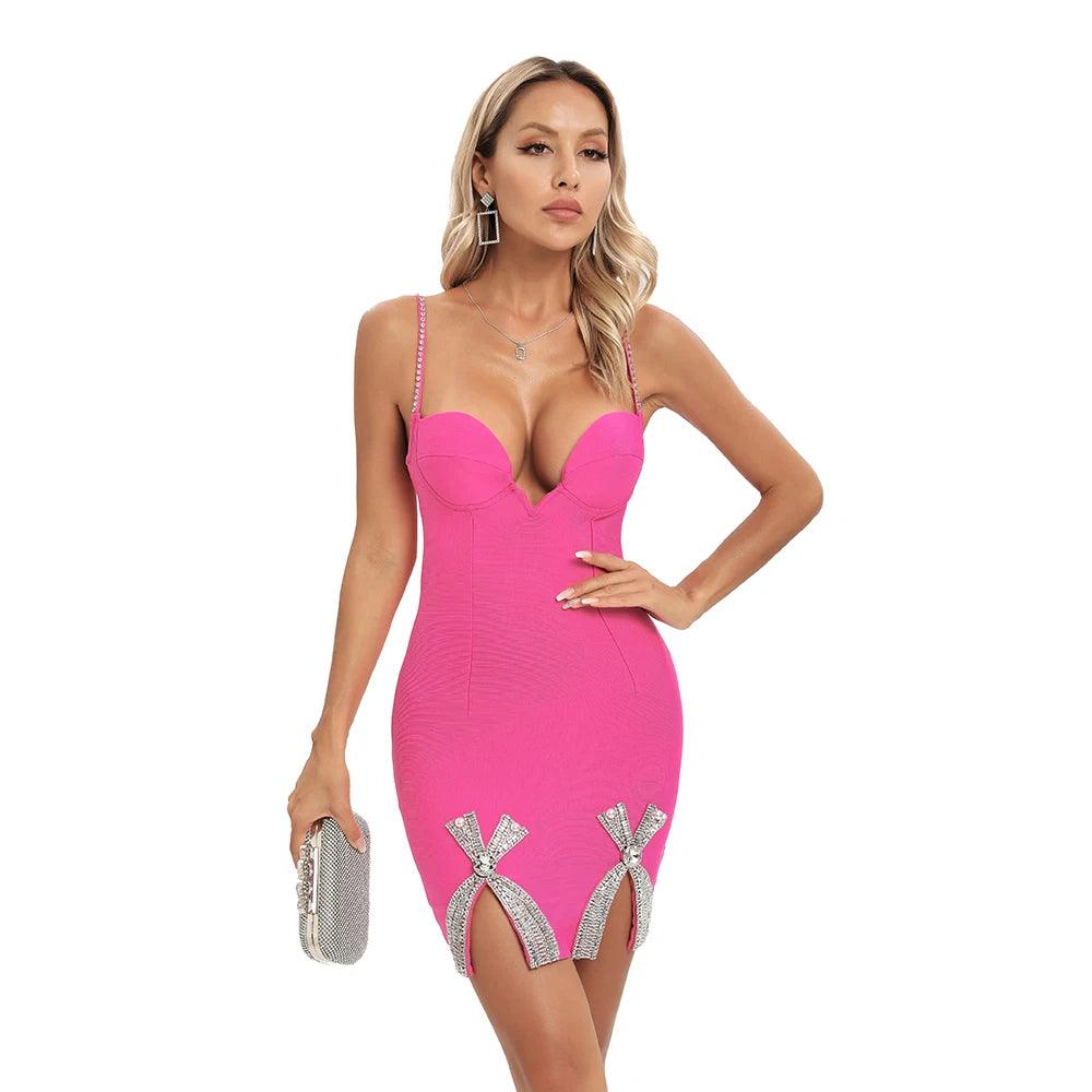 Rhinestone Strap Sweetheart Neck Pearl Bow Dual High Split Mini Dress - View 18