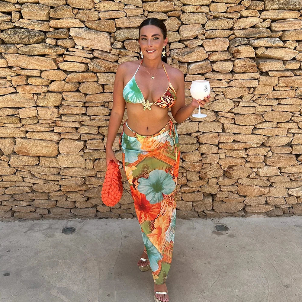 Print Micro Long Sleeve Sexy Three Piece Swim Sets - Fashionpara