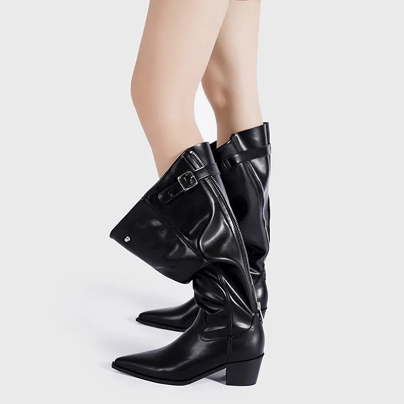 Zip False Leather Gothic Western Knee-High Boot