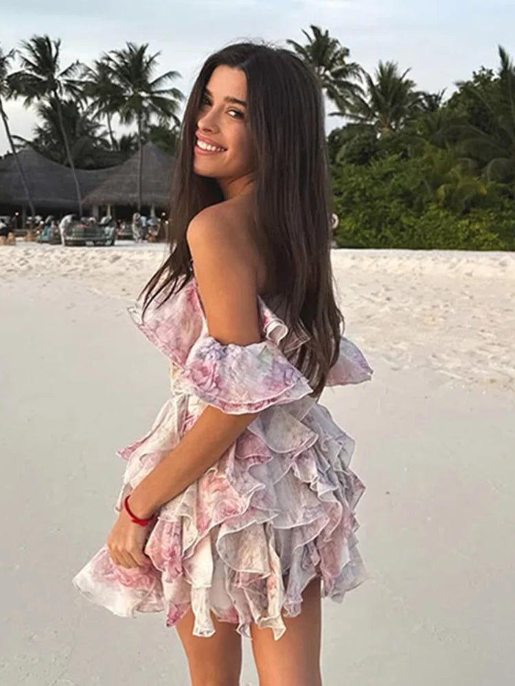Floral Off Shoulder Ruffle Tiered Chiffon Mini Dress