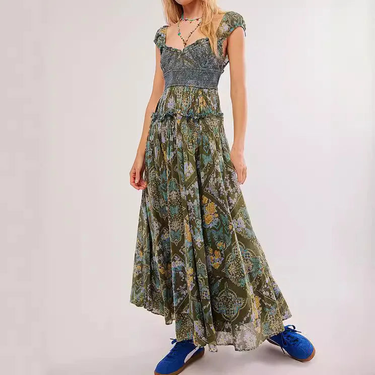 Printed Chiffon Short Sleeve A-line Boho Dress