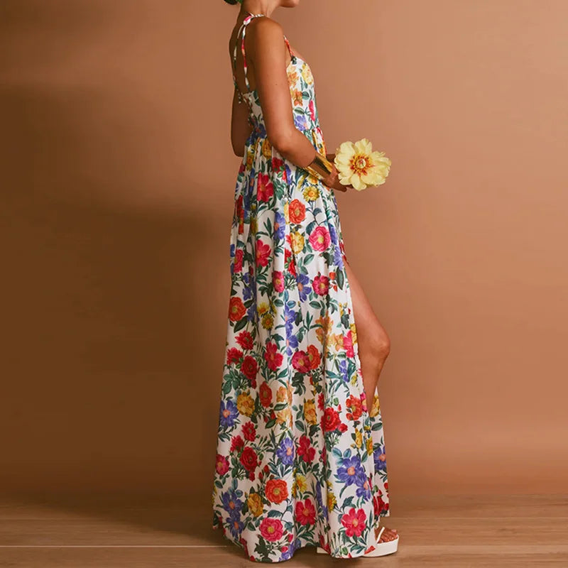 Elegant Floral Print Off-Shoulder Pleated Gown for Women