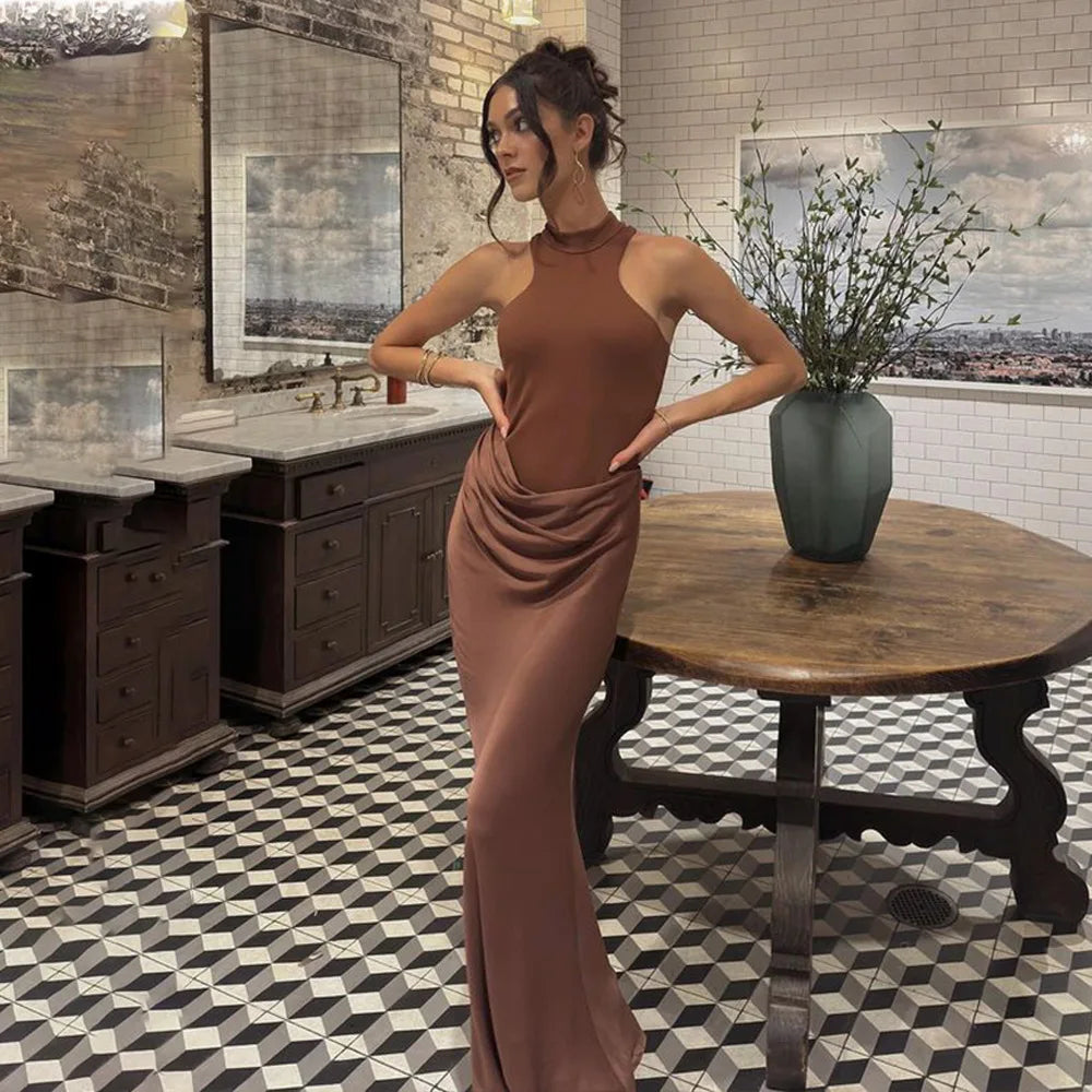 Halter Neck Sleeveless Ribbed Bodice Draped Waist Satin Maxi Gown - View 8