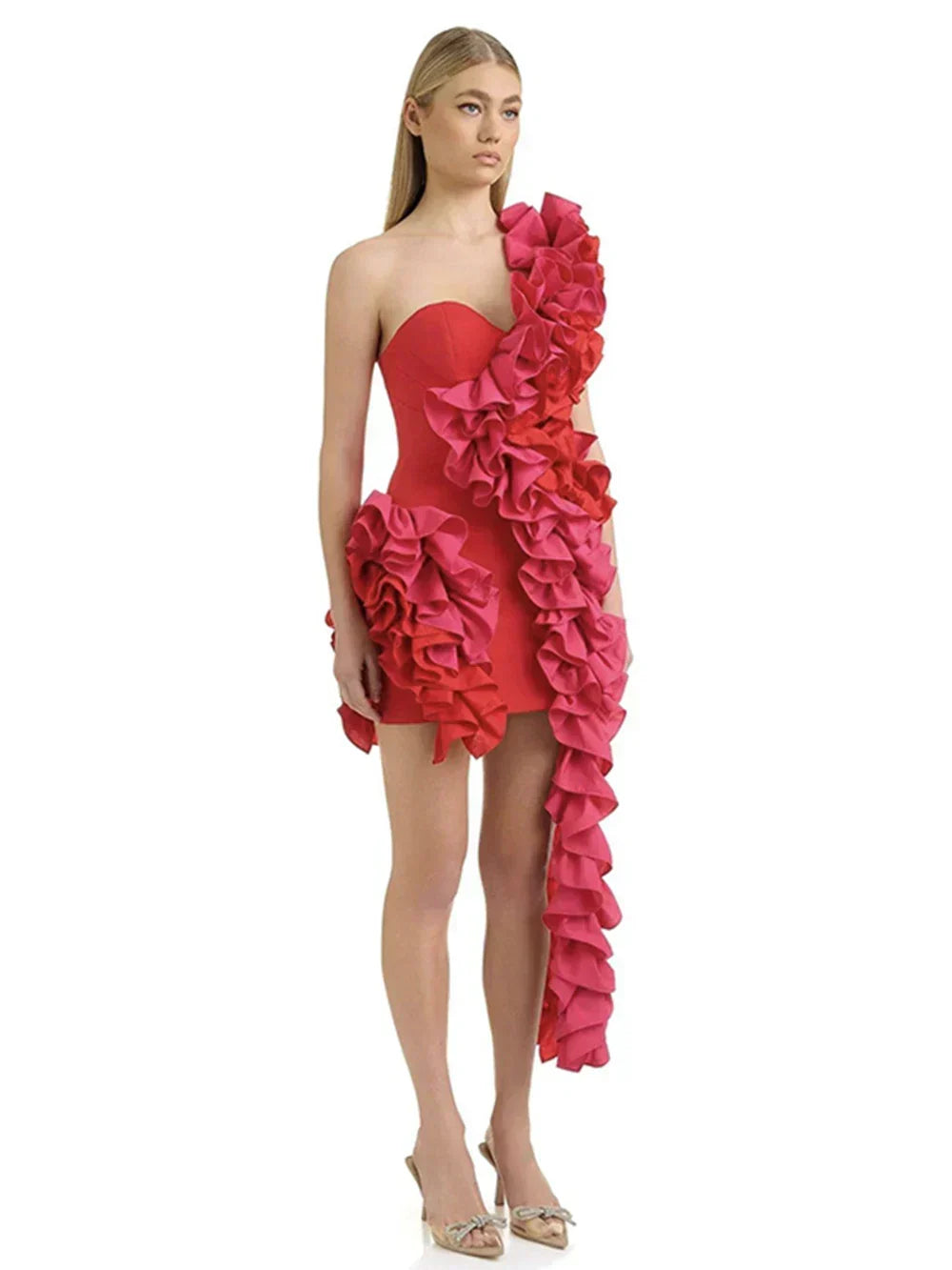 Solid Ruffles One Shoulder Strips Prom Mini Dress - View 6
