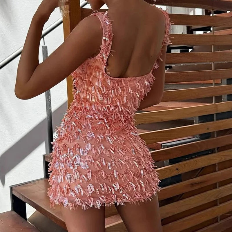 Elegant Off Shoulder Mini Dress with Sparkling Tassels