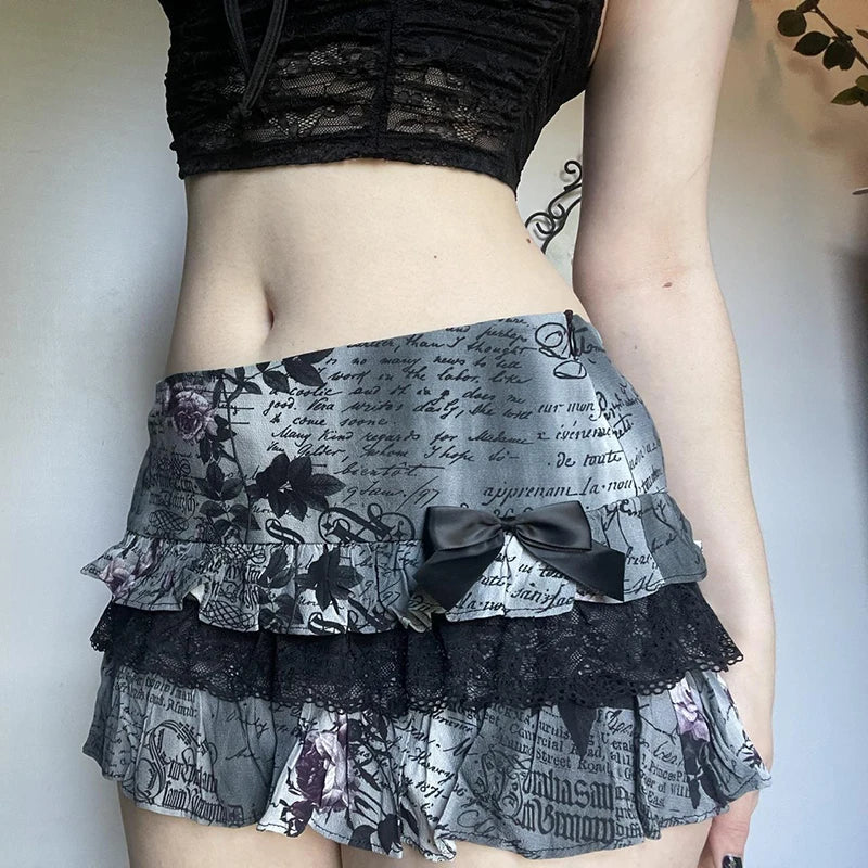 Letter Floral Print Ruffle Skirt