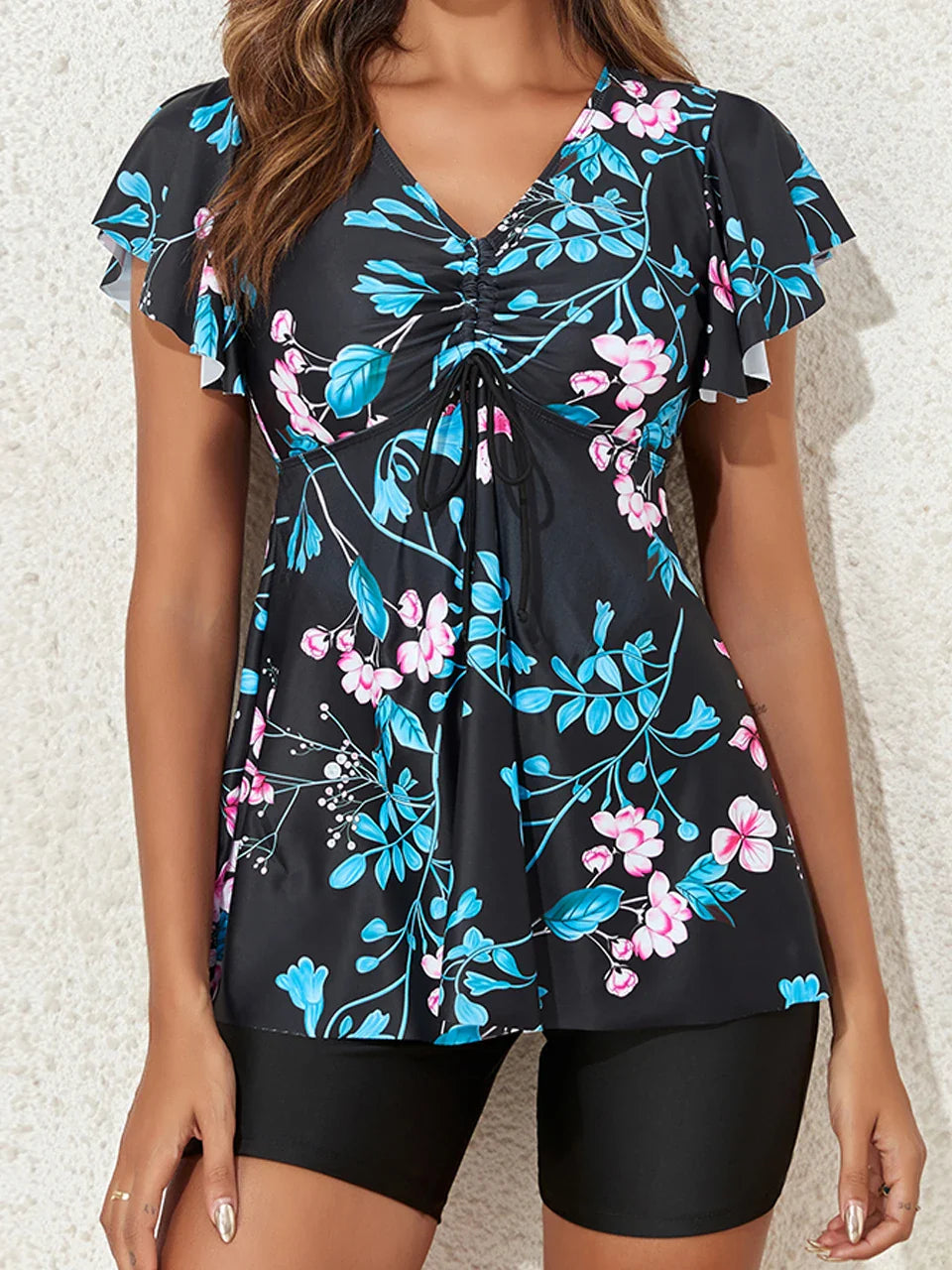 V Neck Print Drawstring Tankini Two Piece Set