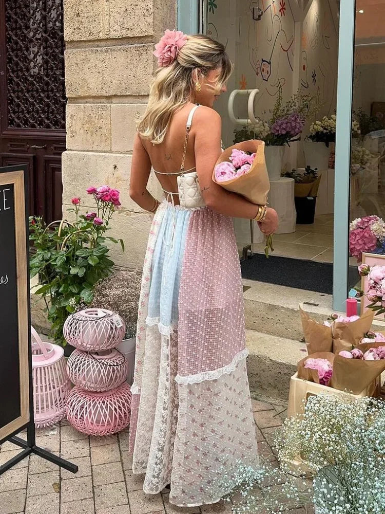 Printed Lace Halter Backless Spaghetti Strap Summer Dress - View 3