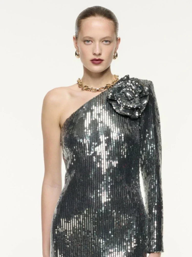 Sequin One Shoulder Long Sleeve Rosette Bodycon Maxi Dress - View 4