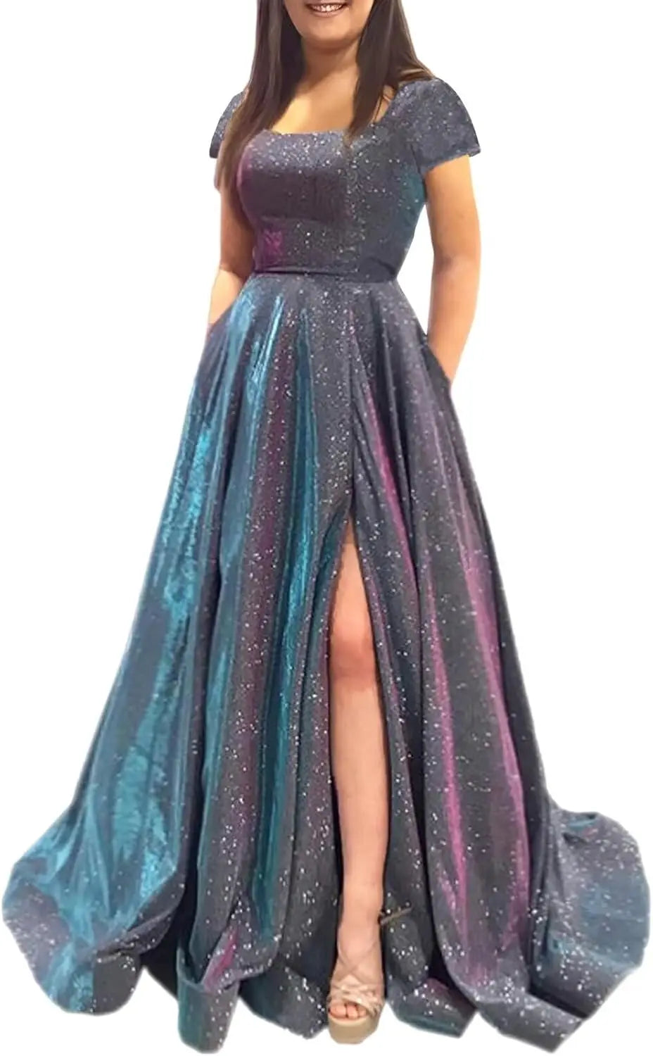 Elegant A-Line Formal Evening Gown with Pockets and Glitter - Fashionpara