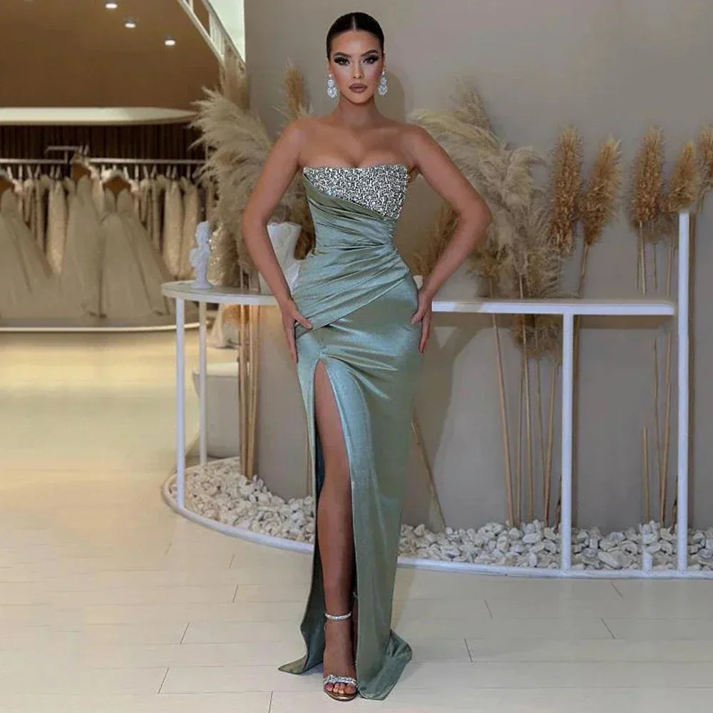 Satin Strapless Beaded Sweetheart Ruched High Split Mermaid Prom Gown