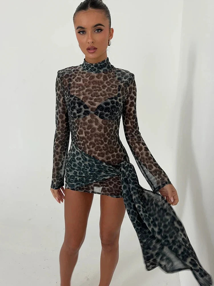 Leopard Print Mesh High-Neck Long Sleeve Mini Dress 6