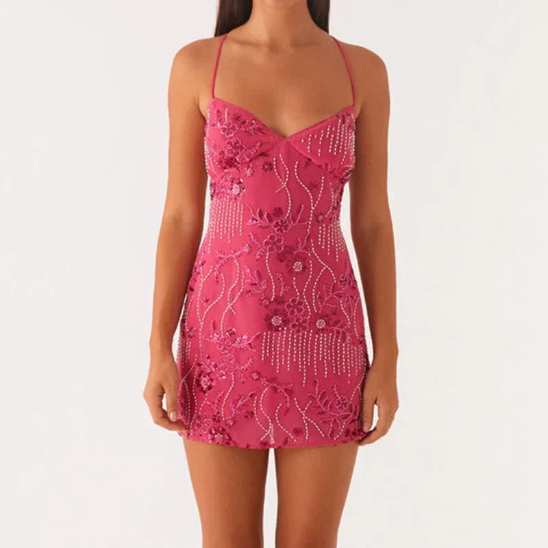 Floral Beaded Sweetheart Backless Bodycon Mini Dress - View 7