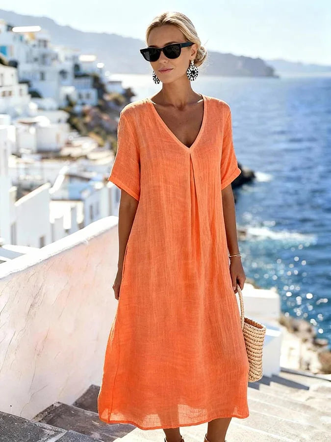 V-Neck Short Sleeve Linen Look Midi Dress 6