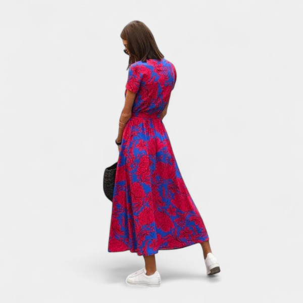 Floral V-Neck Short Sleeve Belted Wrap High Low Midi Dress 5