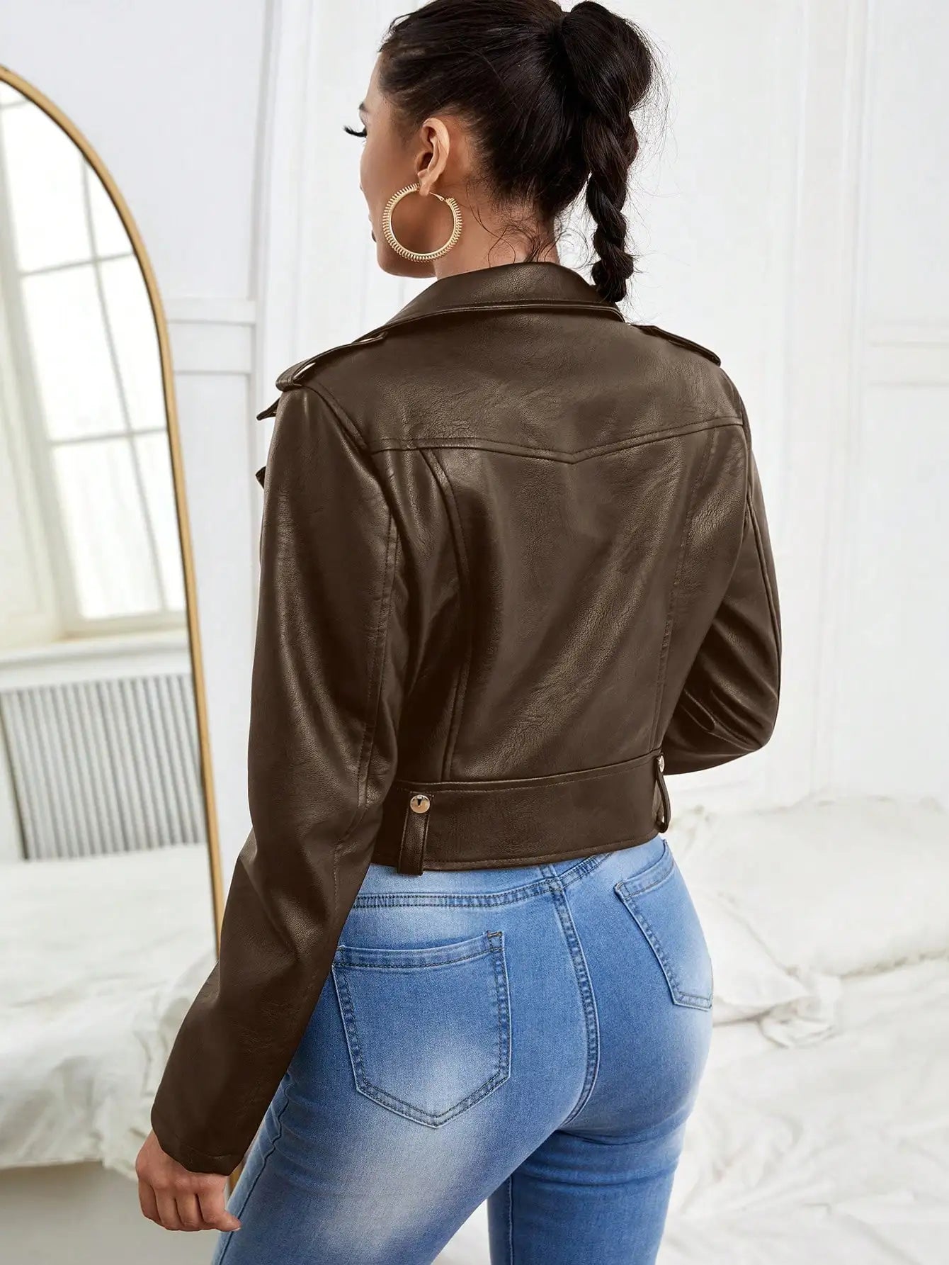 Notched Collar PU Office Jacket - Fashionpara