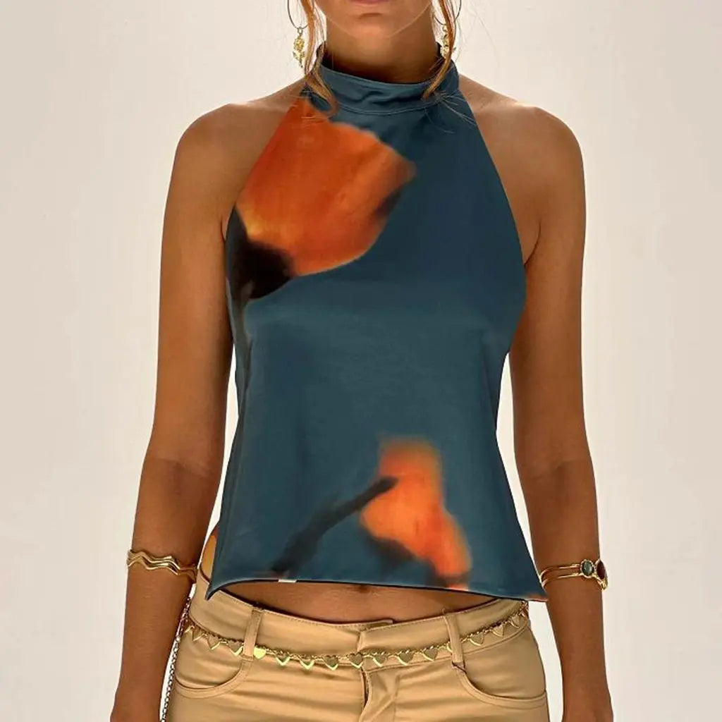 Y2K Button Closure Halter Backless Tie-Dye Cami Top - Fashionpara