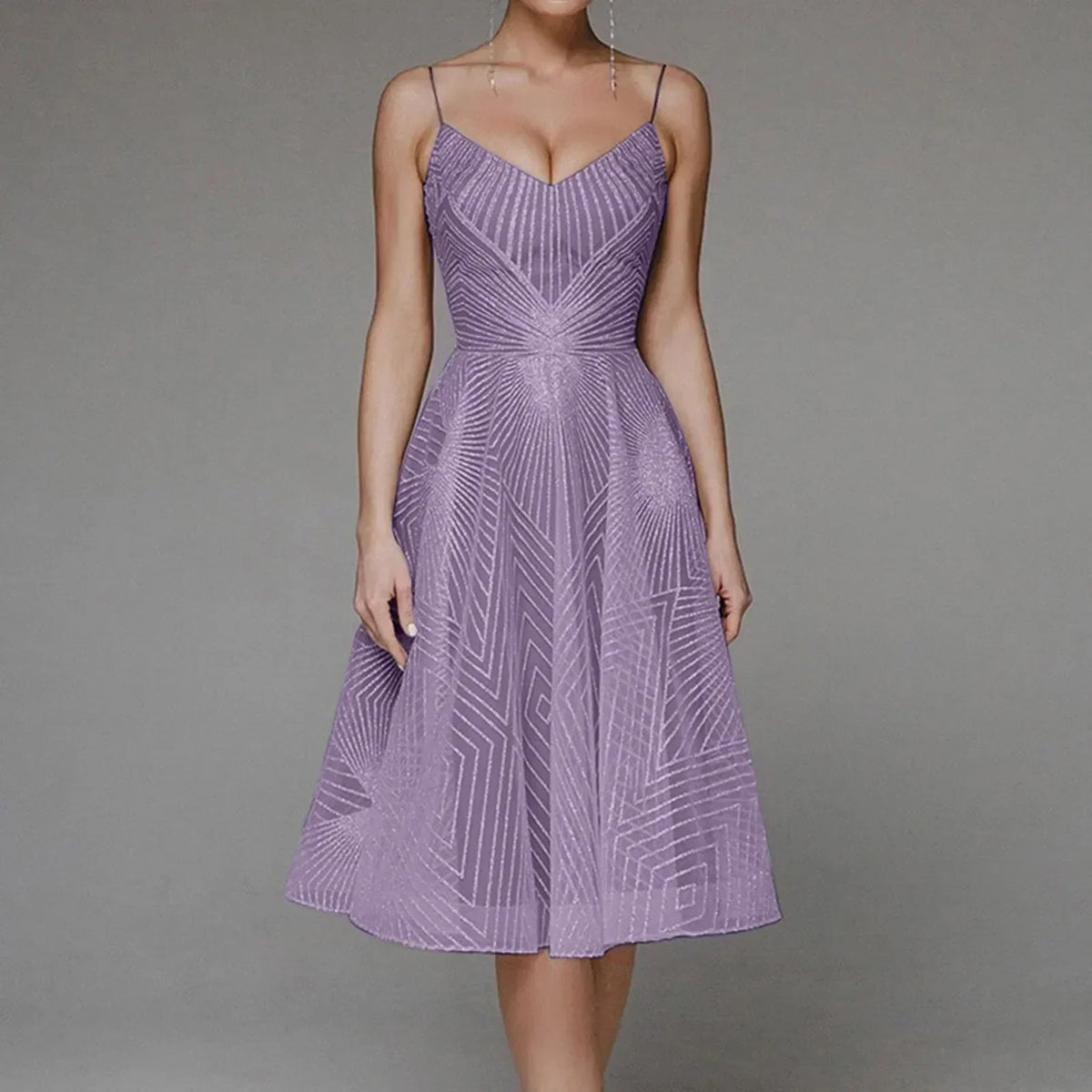 Mesh Overlay Spaghetti Strap Deep V-Neck Geometric Midi Dress - View 4